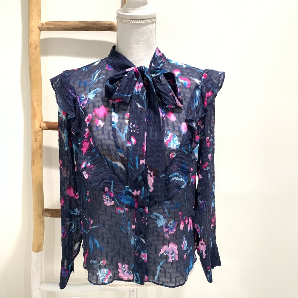 Tanya Taylor Layla Sheer Navy Floral Blouse Top